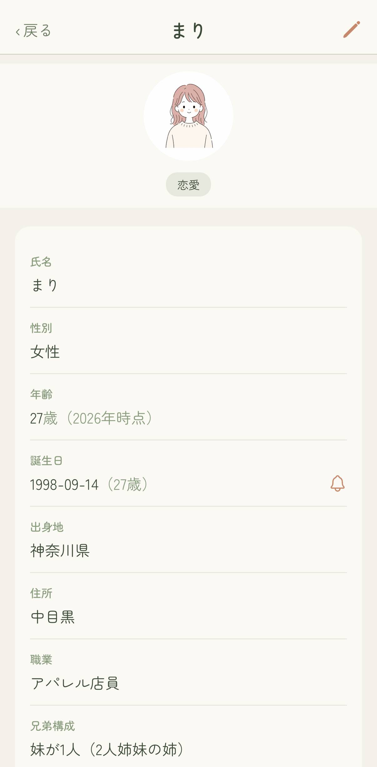 ヒト管理の人物詳細画面。プロフィールや話したことを項目ごとに記録